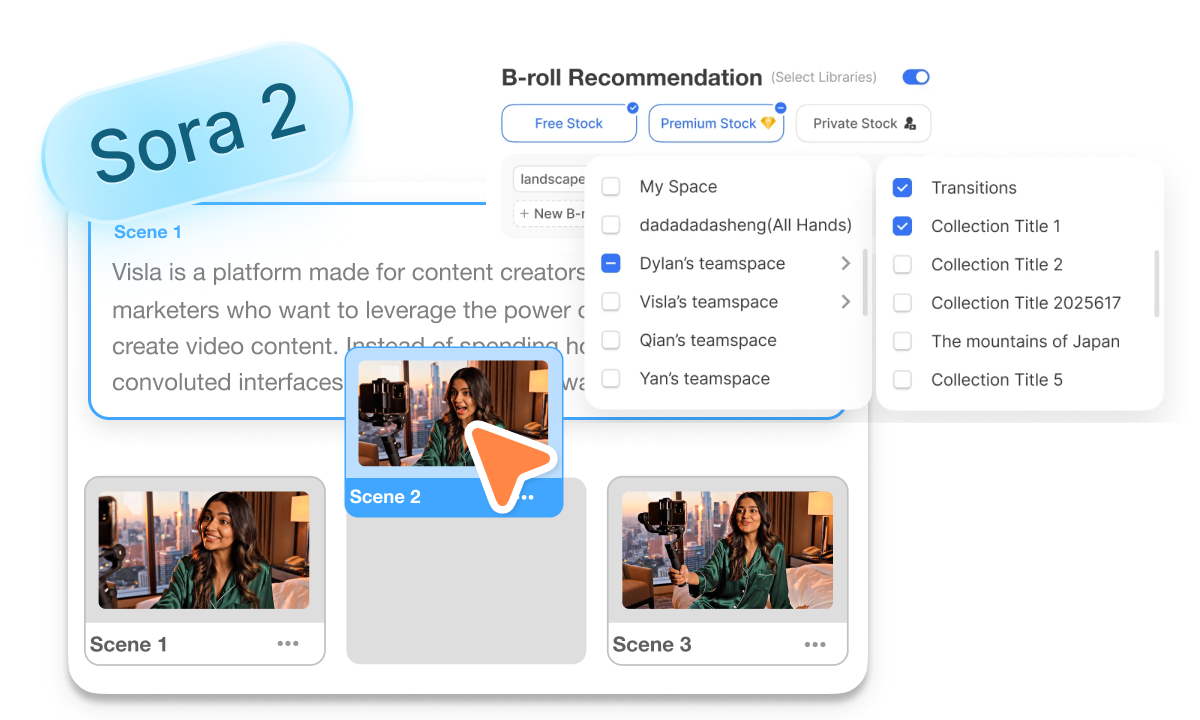 Example of how marketers use Sora 2 in Visla to generate AI b-roll for social ads, edit with Scene-Based Editing, and manage assets in Private Stock Collections